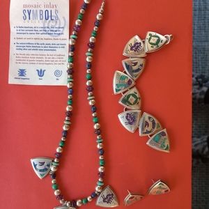 Mosaic Inlay Symbols. Native American jewelry art. Necklace, bracelet, earrings.